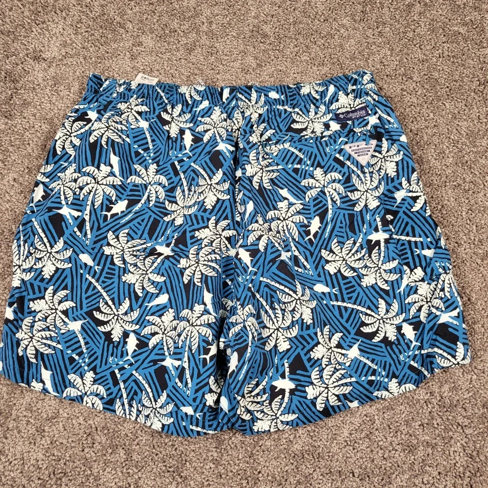 Columbia PFG Shorts Mens XL Blue Palm Tree Shark Fishing Mesh Lined 6in